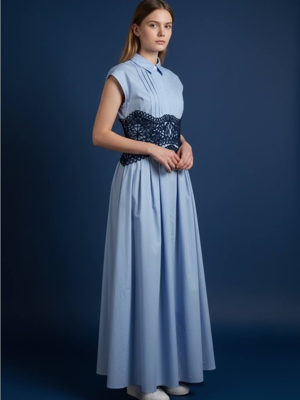 Light Blue Maxi Dress with Navy Lace Waist belt - brand new